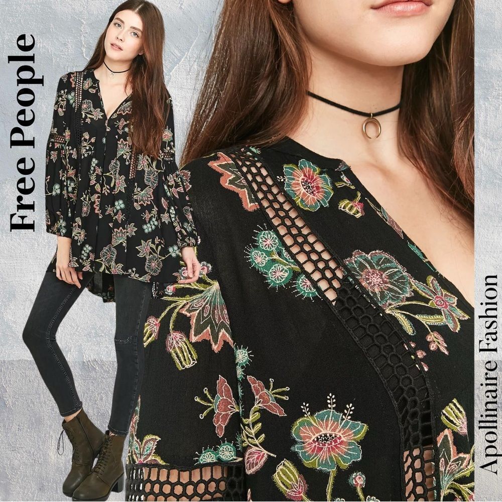 Free People Just the Two of Us Floral Black Tunic Top Large New